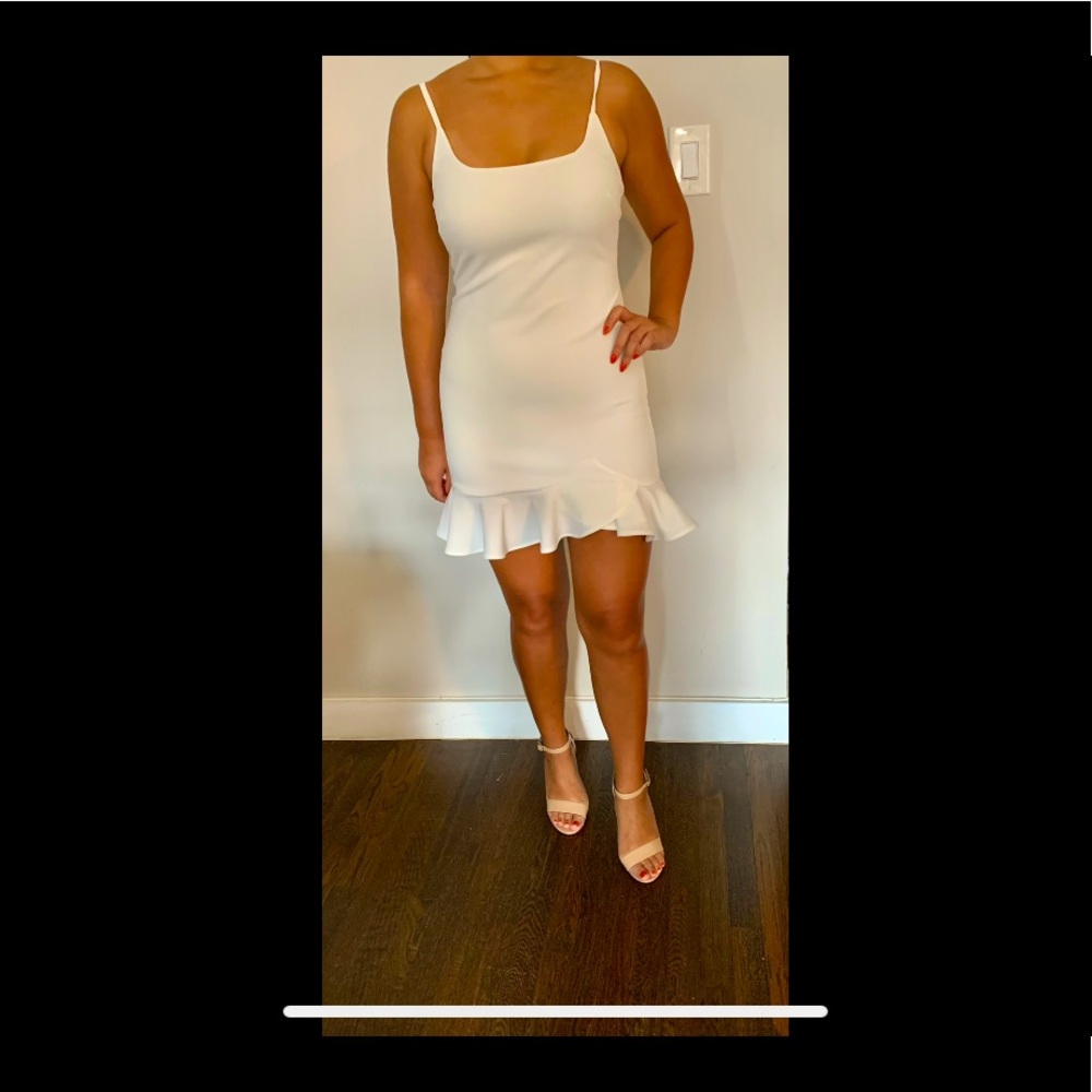 White cami mini dress with ruffle|bridal shower